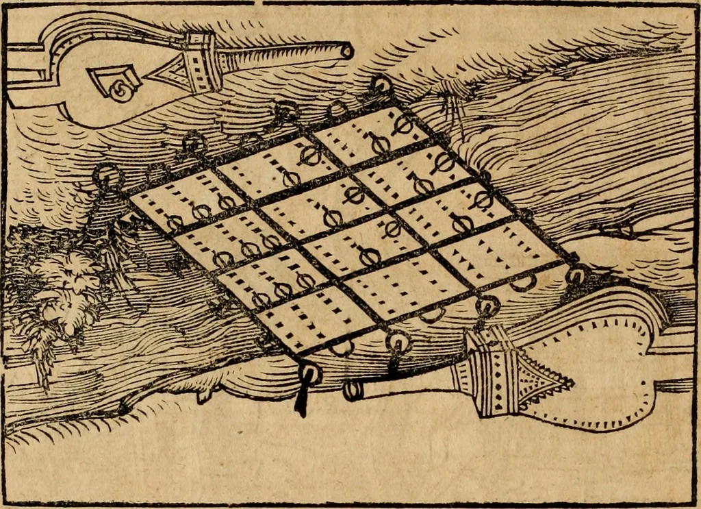 An illustration from Notitia vtraqve cvm orientis tvm occidentis vltra Arcadii Honoriiqve Cæsarvm tempora, illustre uetustatis monumentum, imò thesaurus prorsum incomparabilis : Præcedit aute D. Andreæ Alciati libellus, De magistratib. ciuilibusq; ac militaribus officijs, partim ex hac ipsa Notitia, partim aliunde desumptus : cvi succedit Descriptio urbis Romæ, quæ sub titulo Pub. Victoris circumfertur : & altera urbis Constantinopolitanæ incerto autore, nunquã antehac typis excusa, imperialium uidelicet ac primariaru sedium utriusq reipub : svbiungitur Notitiis uetustus liber De rebvs bellicis ad Theodosium Aug & filios eius Arcadium atq; Honorium, ut uidetur, scriptus incerto autore : item, ne quid de antiquo exemplari omitteretur, Disputatio Adriani Aug. & Epicteti philosophi, 1552, leaf 209