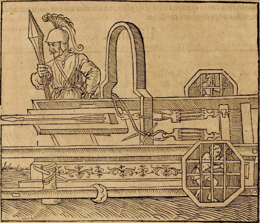 An illustration from Notitia vtraqve cvm orientis tvm occidentis vltra Arcadii Honoriiqve Cæsarvm tempora, illustre uetustatis monumentum, imò thesaurus prorsum incomparabilis : Præcedit aute D. Andreæ Alciati libellus, De magistratib. ciuilibusq; ac militaribus officijs, partim ex hac ipsa Notitia, partim aliunde desumptus : cvi succedit Descriptio urbis Romæ, quæ sub titulo Pub. Victoris circumfertur : & altera urbis Constantinopolitanæ incerto autore, nunquã antehac typis excusa, imperialium uidelicet ac primariaru sedium utriusq reipub : svbiungitur Notitiis uetustus liber De rebvs bellicis ad Theodosium Aug & filios eius Arcadium atq; Honorium, ut uidetur, scriptus incerto autore : item, ne quid de antiquo exemplari omitteretur, Disputatio Adriani Aug. & Epicteti philosophi, 1552, leaf 211