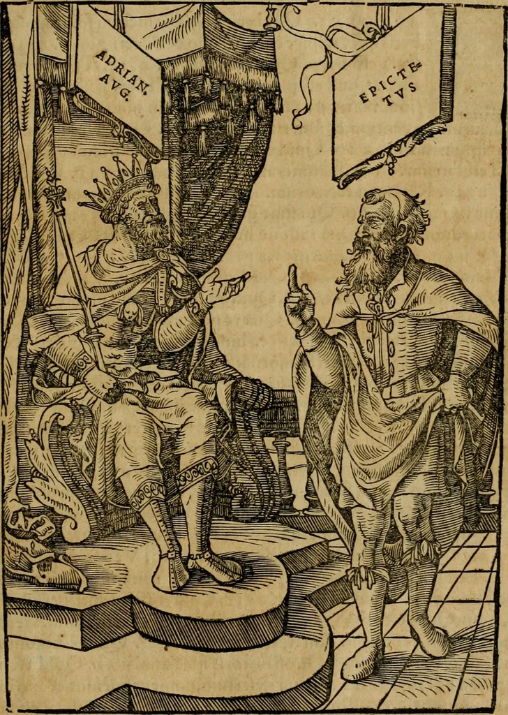 An illustration from Notitia vtraqve cvm orientis tvm occidentis vltra Arcadii Honoriiqve Cæsarvm tempora, illustre uetustatis monumentum, imò thesaurus prorsum incomparabilis : Præcedit aute D. Andreæ Alciati libellus, De magistratib. ciuilibusq; ac militaribus officijs, partim ex hac ipsa Notitia, partim aliunde desumptus : cvi succedit Descriptio urbis Romæ, quæ sub titulo Pub. Victoris circumfertur : & altera urbis Constantinopolitanæ incerto autore, nunquã antehac typis excusa, imperialium uidelicet ac primariaru sedium utriusq reipub : svbiungitur Notitiis uetustus liber De rebvs bellicis ad Theodosium Aug & filios eius Arcadium atq; Honorium, ut uidetur, scriptus incerto autore : item, ne quid de antiquo exemplari omitteretur, Disputatio Adriani Aug. & Epicteti philosophi, 1552, leaf 214
