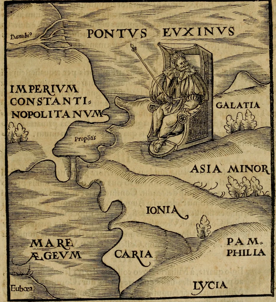 An illustration from Notitia vtraqve cvm orientis tvm occidentis vltra Arcadii Honoriiqve Cæsarvm tempora, illustre uetustatis monumentum, imò thesaurus prorsum incomparabilis : Præcedit aute D. Andreæ Alciati libellus, De magistratib. ciuilibusq; ac militaribus officijs, partim ex hac ipsa Notitia, partim aliunde desumptus : cvi succedit Descriptio urbis Romæ, quæ sub titulo Pub. Victoris circumfertur : & altera urbis Constantinopolitanæ incerto autore, nunquã antehac typis excusa, imperialium uidelicet ac primariaru sedium utriusq reipub : svbiungitur Notitiis uetustus liber De rebvs bellicis ad Theodosium Aug & filios eius Arcadium atq; Honorium, ut uidetur, scriptus incerto autore : item, ne quid de antiquo exemplari omitteretur, Disputatio Adriani Aug. & Epicteti philosophi, 1552, leaf 26