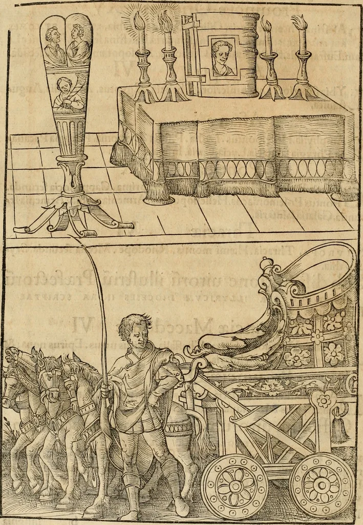 An illustration from Notitia vtraqve cvm orientis tvm occidentis vltra Arcadii Honoriiqve Cæsarvm tempora, illustre uetustatis monumentum, imò thesaurus prorsum incomparabilis : Præcedit aute D. Andreæ Alciati libellus, De magistratib. ciuilibusq; ac militaribus officijs, partim ex hac ipsa Notitia, partim aliunde desumptus : cvi succedit Descriptio urbis Romæ, quæ sub titulo Pub. Victoris circumfertur : & altera urbis Constantinopolitanæ incerto autore, nunquã antehac typis excusa, imperialium uidelicet ac primariaru sedium utriusq reipub : svbiungitur Notitiis uetustus liber De rebvs bellicis ad Theodosium Aug & filios eius Arcadium atq; Honorium, ut uidetur, scriptus incerto autore : item, ne quid de antiquo exemplari omitteretur, Disputatio Adriani Aug. & Epicteti philosophi, 1552, leaf 33
