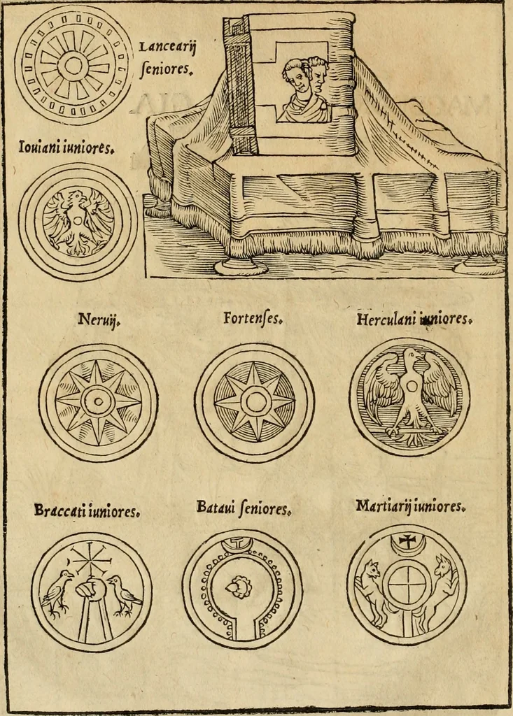 An illustration from Notitia vtraqve cvm orientis tvm occidentis vltra Arcadii Honoriiqve Cæsarvm tempora, illustre uetustatis monumentum, imò thesaurus prorsum incomparabilis : Præcedit aute D. Andreæ Alciati libellus, De magistratib. ciuilibusq; ac militaribus officijs, partim ex hac ipsa Notitia, partim aliunde desumptus : cvi succedit Descriptio urbis Romæ, quæ sub titulo Pub. Victoris circumfertur : & altera urbis Constantinopolitanæ incerto autore, nunquã antehac typis excusa, imperialium uidelicet ac primariaru sedium utriusq reipub : svbiungitur Notitiis uetustus liber De rebvs bellicis ad Theodosium Aug & filios eius Arcadium atq; Honorium, ut uidetur, scriptus incerto autore : item, ne quid de antiquo exemplari omitteretur, Disputatio Adriani Aug. & Epicteti philosophi, 1552, leaf 35