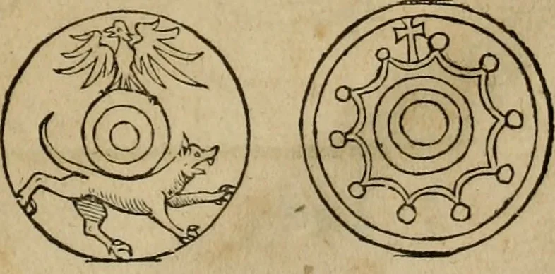 An illustration from Notitia vtraqve cvm orientis tvm occidentis vltra Arcadii Honoriiqve Cæsarvm tempora, illustre uetustatis monumentum, imò thesaurus prorsum incomparabilis : Præcedit aute D. Andreæ Alciati libellus, De magistratib. ciuilibusq; ac militaribus officijs, partim ex hac ipsa Notitia, partim aliunde desumptus : cvi succedit Descriptio urbis Romæ, quæ sub titulo Pub. Victoris circumfertur : & altera urbis Constantinopolitanæ incerto autore, nunquã antehac typis excusa, imperialium uidelicet ac primariaru sedium utriusq reipub : svbiungitur Notitiis uetustus liber De rebvs bellicis ad Theodosium Aug & filios eius Arcadium atq; Honorium, ut uidetur, scriptus incerto autore : item, ne quid de antiquo exemplari omitteretur, Disputatio Adriani Aug. & Epicteti philosophi, 1552, leaf 36
