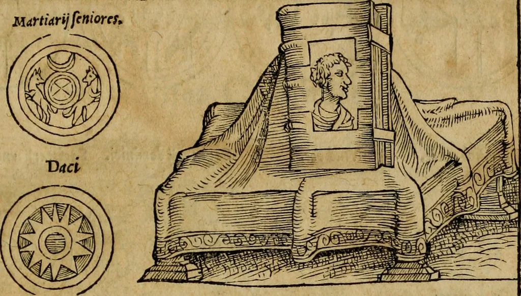 An illustration from Notitia vtraqve cvm orientis tvm occidentis vltra Arcadii Honoriiqve Cæsarvm tempora, illustre uetustatis monumentum, imò thesaurus prorsum incomparabilis : Præcedit aute D. Andreæ Alciati libellus, De magistratib. ciuilibusq; ac militaribus officijs, partim ex hac ipsa Notitia, partim aliunde desumptus : cvi succedit Descriptio urbis Romæ, quæ sub titulo Pub. Victoris circumfertur : & altera urbis Constantinopolitanæ incerto autore, nunquã antehac typis excusa, imperialium uidelicet ac primariaru sedium utriusq reipub : svbiungitur Notitiis uetustus liber De rebvs bellicis ad Theodosium Aug & filios eius Arcadium atq; Honorium, ut uidetur, scriptus incerto autore : item, ne quid de antiquo exemplari omitteretur, Disputatio Adriani Aug. & Epicteti philosophi, 1552, leaf 38