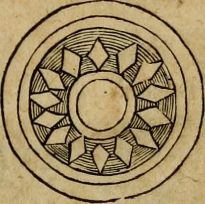 An illustration from Notitia vtraqve cvm orientis tvm occidentis vltra Arcadii Honoriiqve Cæsarvm tempora, illustre uetustatis monumentum, imò thesaurus prorsum incomparabilis : Præcedit aute D. Andreæ Alciati libellus, De magistratib. ciuilibusq; ac militaribus officijs, partim ex hac ipsa Notitia, partim aliunde desumptus : cvi succedit Descriptio urbis Romæ, quæ sub titulo Pub. Victoris circumfertur : & altera urbis Constantinopolitanæ incerto autore, nunquã antehac typis excusa, imperialium uidelicet ac primariaru sedium utriusq reipub : svbiungitur Notitiis uetustus liber De rebvs bellicis ad Theodosium Aug & filios eius Arcadium atq; Honorium, ut uidetur, scriptus incerto autore : item, ne quid de antiquo exemplari omitteretur, Disputatio Adriani Aug. & Epicteti philosophi, 1552, leaf 38