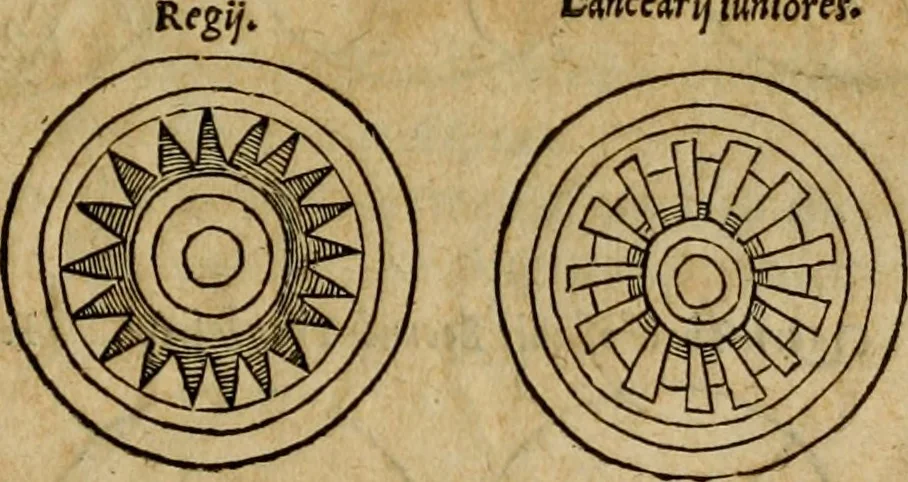 An illustration from Notitia vtraqve cvm orientis tvm occidentis vltra Arcadii Honoriiqve Cæsarvm tempora, illustre uetustatis monumentum, imò thesaurus prorsum incomparabilis : Præcedit aute D. Andreæ Alciati libellus, De magistratib. ciuilibusq; ac militaribus officijs, partim ex hac ipsa Notitia, partim aliunde desumptus : cvi succedit Descriptio urbis Romæ, quæ sub titulo Pub. Victoris circumfertur : & altera urbis Constantinopolitanæ incerto autore, nunquã antehac typis excusa, imperialium uidelicet ac primariaru sedium utriusq reipub : svbiungitur Notitiis uetustus liber De rebvs bellicis ad Theodosium Aug & filios eius Arcadium atq; Honorium, ut uidetur, scriptus incerto autore : item, ne quid de antiquo exemplari omitteretur, Disputatio Adriani Aug. & Epicteti philosophi, 1552, leaf 38