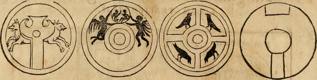 An illustration from Notitia vtraqve cvm orientis tvm occidentis vltra Arcadii Honoriiqve Cæsarvm tempora, illustre uetustatis monumentum, imò thesaurus prorsum incomparabilis : Præcedit aute D. Andreæ Alciati libellus, De magistratib. ciuilibusq; ac militaribus officijs, partim ex hac ipsa Notitia, partim aliunde desumptus : cvi succedit Descriptio urbis Romæ, quæ sub titulo Pub. Victoris circumfertur : & altera urbis Constantinopolitanæ incerto autore, nunquã antehac typis excusa, imperialium uidelicet ac primariaru sedium utriusq reipub : svbiungitur Notitiis uetustus liber De rebvs bellicis ad Theodosium Aug & filios eius Arcadium atq; Honorium, ut uidetur, scriptus incerto autore : item, ne quid de antiquo exemplari omitteretur, Disputatio Adriani Aug. & Epicteti philosophi, 1552, leaf 39