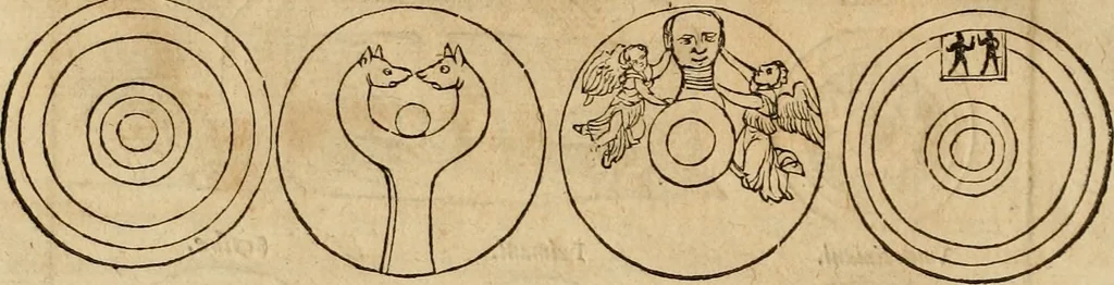 An illustration from Notitia vtraqve cvm orientis tvm occidentis vltra Arcadii Honoriiqve Cæsarvm tempora, illustre uetustatis monumentum, imò thesaurus prorsum incomparabilis : Præcedit aute D. Andreæ Alciati libellus, De magistratib. ciuilibusq; ac militaribus officijs, partim ex hac ipsa Notitia, partim aliunde desumptus : cvi succedit Descriptio urbis Romæ, quæ sub titulo Pub. Victoris circumfertur : & altera urbis Constantinopolitanæ incerto autore, nunquã antehac typis excusa, imperialium uidelicet ac primariaru sedium utriusq reipub : svbiungitur Notitiis uetustus liber De rebvs bellicis ad Theodosium Aug & filios eius Arcadium atq; Honorium, ut uidetur, scriptus incerto autore : item, ne quid de antiquo exemplari omitteretur, Disputatio Adriani Aug. & Epicteti philosophi, 1552, leaf 39