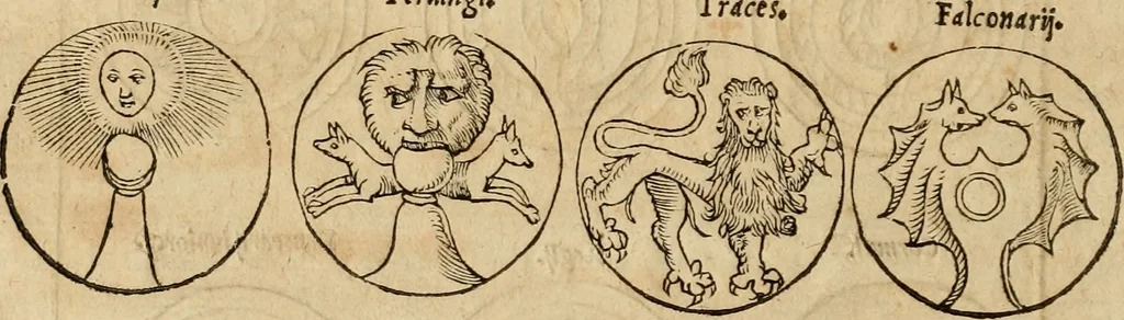 An illustration from Notitia vtraqve cvm orientis tvm occidentis vltra Arcadii Honoriiqve Cæsarvm tempora, illustre uetustatis monumentum, imò thesaurus prorsum incomparabilis : Præcedit aute D. Andreæ Alciati libellus, De magistratib. ciuilibusq; ac militaribus officijs, partim ex hac ipsa Notitia, partim aliunde desumptus : cvi succedit Descriptio urbis Romæ, quæ sub titulo Pub. Victoris circumfertur : & altera urbis Constantinopolitanæ incerto autore, nunquã antehac typis excusa, imperialium uidelicet ac primariaru sedium utriusq reipub : svbiungitur Notitiis uetustus liber De rebvs bellicis ad Theodosium Aug & filios eius Arcadium atq; Honorium, ut uidetur, scriptus incerto autore : item, ne quid de antiquo exemplari omitteretur, Disputatio Adriani Aug. & Epicteti philosophi, 1552, leaf 39