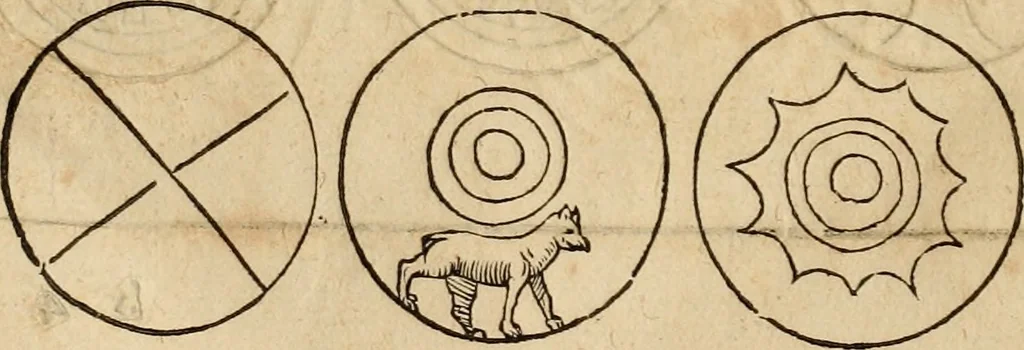 An illustration from Notitia vtraqve cvm orientis tvm occidentis vltra Arcadii Honoriiqve Cæsarvm tempora, illustre uetustatis monumentum, imò thesaurus prorsum incomparabilis : Præcedit aute D. Andreæ Alciati libellus, De magistratib. ciuilibusq; ac militaribus officijs, partim ex hac ipsa Notitia, partim aliunde desumptus : cvi succedit Descriptio urbis Romæ, quæ sub titulo Pub. Victoris circumfertur : & altera urbis Constantinopolitanæ incerto autore, nunquã antehac typis excusa, imperialium uidelicet ac primariaru sedium utriusq reipub : svbiungitur Notitiis uetustus liber De rebvs bellicis ad Theodosium Aug & filios eius Arcadium atq; Honorium, ut uidetur, scriptus incerto autore : item, ne quid de antiquo exemplari omitteretur, Disputatio Adriani Aug. & Epicteti philosophi, 1552, leaf 39