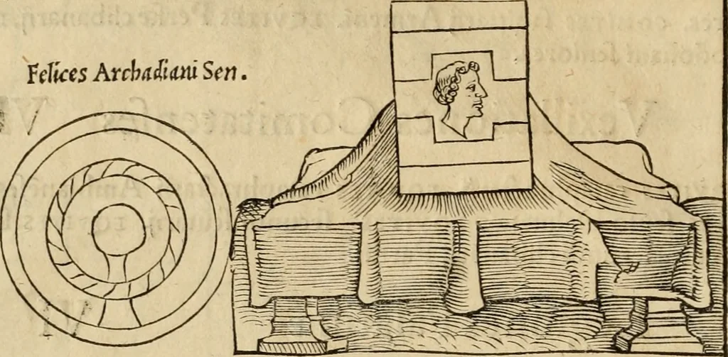 An illustration from Notitia vtraqve cvm orientis tvm occidentis vltra Arcadii Honoriiqve Cæsarvm tempora, illustre uetustatis monumentum, imò thesaurus prorsum incomparabilis : Præcedit aute D. Andreæ Alciati libellus, De magistratib. ciuilibusq; ac militaribus officijs, partim ex hac ipsa Notitia, partim aliunde desumptus : cvi succedit Descriptio urbis Romæ, quæ sub titulo Pub. Victoris circumfertur : & altera urbis Constantinopolitanæ incerto autore, nunquã antehac typis excusa, imperialium uidelicet ac primariaru sedium utriusq reipub : svbiungitur Notitiis uetustus liber De rebvs bellicis ad Theodosium Aug & filios eius Arcadium atq; Honorium, ut uidetur, scriptus incerto autore : item, ne quid de antiquo exemplari omitteretur, Disputatio Adriani Aug. & Epicteti philosophi, 1552, leaf 41