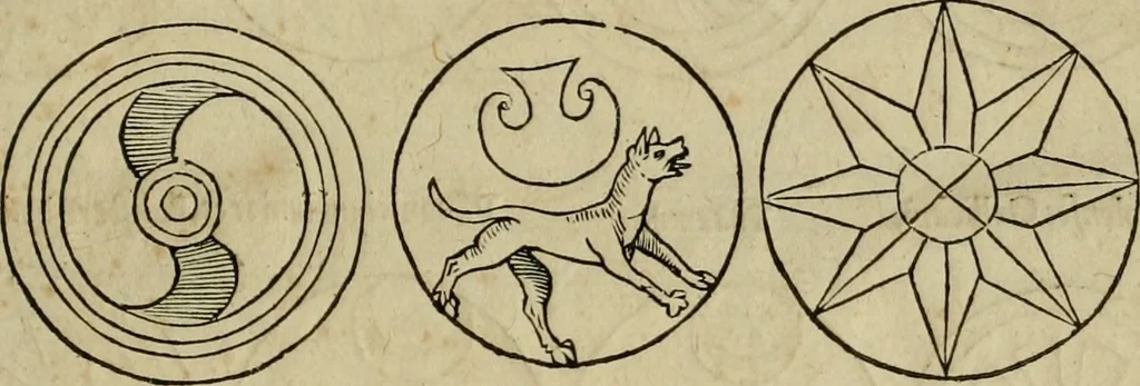 An illustration from Notitia vtraqve cvm orientis tvm occidentis vltra Arcadii Honoriiqve Cæsarvm tempora, illustre uetustatis monumentum, imò thesaurus prorsum incomparabilis : Præcedit aute D. Andreæ Alciati libellus, De magistratib. ciuilibusq; ac militaribus officijs, partim ex hac ipsa Notitia, partim aliunde desumptus : cvi succedit Descriptio urbis Romæ, quæ sub titulo Pub. Victoris circumfertur : & altera urbis Constantinopolitanæ incerto autore, nunquã antehac typis excusa, imperialium uidelicet ac primariaru sedium utriusq reipub : svbiungitur Notitiis uetustus liber De rebvs bellicis ad Theodosium Aug & filios eius Arcadium atq; Honorium, ut uidetur, scriptus incerto autore : item, ne quid de antiquo exemplari omitteretur, Disputatio Adriani Aug. & Epicteti philosophi, 1552, leaf 44