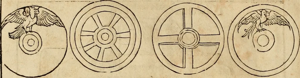 An illustration from Notitia vtraqve cvm orientis tvm occidentis vltra Arcadii Honoriiqve Cæsarvm tempora, illustre uetustatis monumentum, imò thesaurus prorsum incomparabilis : Præcedit aute D. Andreæ Alciati libellus, De magistratib. ciuilibusq; ac militaribus officijs, partim ex hac ipsa Notitia, partim aliunde desumptus : cvi succedit Descriptio urbis Romæ, quæ sub titulo Pub. Victoris circumfertur : & altera urbis Constantinopolitanæ incerto autore, nunquã antehac typis excusa, imperialium uidelicet ac primariaru sedium utriusq reipub : svbiungitur Notitiis uetustus liber De rebvs bellicis ad Theodosium Aug & filios eius Arcadium atq; Honorium, ut uidetur, scriptus incerto autore : item, ne quid de antiquo exemplari omitteretur, Disputatio Adriani Aug. & Epicteti philosophi, 1552, leaf 45