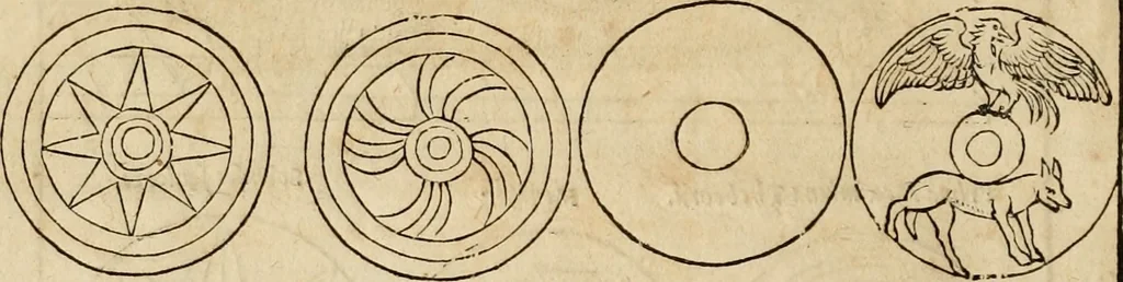 An illustration from Notitia vtraqve cvm orientis tvm occidentis vltra Arcadii Honoriiqve Cæsarvm tempora, illustre uetustatis monumentum, imò thesaurus prorsum incomparabilis : Præcedit aute D. Andreæ Alciati libellus, De magistratib. ciuilibusq; ac militaribus officijs, partim ex hac ipsa Notitia, partim aliunde desumptus : cvi succedit Descriptio urbis Romæ, quæ sub titulo Pub. Victoris circumfertur : & altera urbis Constantinopolitanæ incerto autore, nunquã antehac typis excusa, imperialium uidelicet ac primariaru sedium utriusq reipub : svbiungitur Notitiis uetustus liber De rebvs bellicis ad Theodosium Aug & filios eius Arcadium atq; Honorium, ut uidetur, scriptus incerto autore : item, ne quid de antiquo exemplari omitteretur, Disputatio Adriani Aug. & Epicteti philosophi, 1552, leaf 45