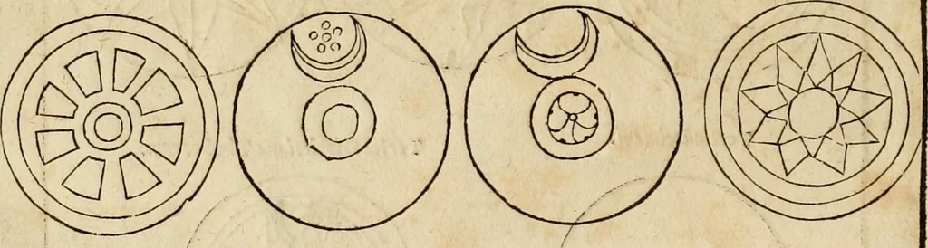 An illustration from Notitia vtraqve cvm orientis tvm occidentis vltra Arcadii Honoriiqve Cæsarvm tempora, illustre uetustatis monumentum, imò thesaurus prorsum incomparabilis : Præcedit aute D. Andreæ Alciati libellus, De magistratib. ciuilibusq; ac militaribus officijs, partim ex hac ipsa Notitia, partim aliunde desumptus : cvi succedit Descriptio urbis Romæ, quæ sub titulo Pub. Victoris circumfertur : & altera urbis Constantinopolitanæ incerto autore, nunquã antehac typis excusa, imperialium uidelicet ac primariaru sedium utriusq reipub : svbiungitur Notitiis uetustus liber De rebvs bellicis ad Theodosium Aug & filios eius Arcadium atq; Honorium, ut uidetur, scriptus incerto autore : item, ne quid de antiquo exemplari omitteretur, Disputatio Adriani Aug. & Epicteti philosophi, 1552, leaf 45