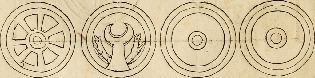 An illustration from Notitia vtraqve cvm orientis tvm occidentis vltra Arcadii Honoriiqve Cæsarvm tempora, illustre uetustatis monumentum, imò thesaurus prorsum incomparabilis : Præcedit aute D. Andreæ Alciati libellus, De magistratib. ciuilibusq; ac militaribus officijs, partim ex hac ipsa Notitia, partim aliunde desumptus : cvi succedit Descriptio urbis Romæ, quæ sub titulo Pub. Victoris circumfertur : & altera urbis Constantinopolitanæ incerto autore, nunquã antehac typis excusa, imperialium uidelicet ac primariaru sedium utriusq reipub : svbiungitur Notitiis uetustus liber De rebvs bellicis ad Theodosium Aug & filios eius Arcadium atq; Honorium, ut uidetur, scriptus incerto autore : item, ne quid de antiquo exemplari omitteretur, Disputatio Adriani Aug. & Epicteti philosophi, 1552, leaf 45