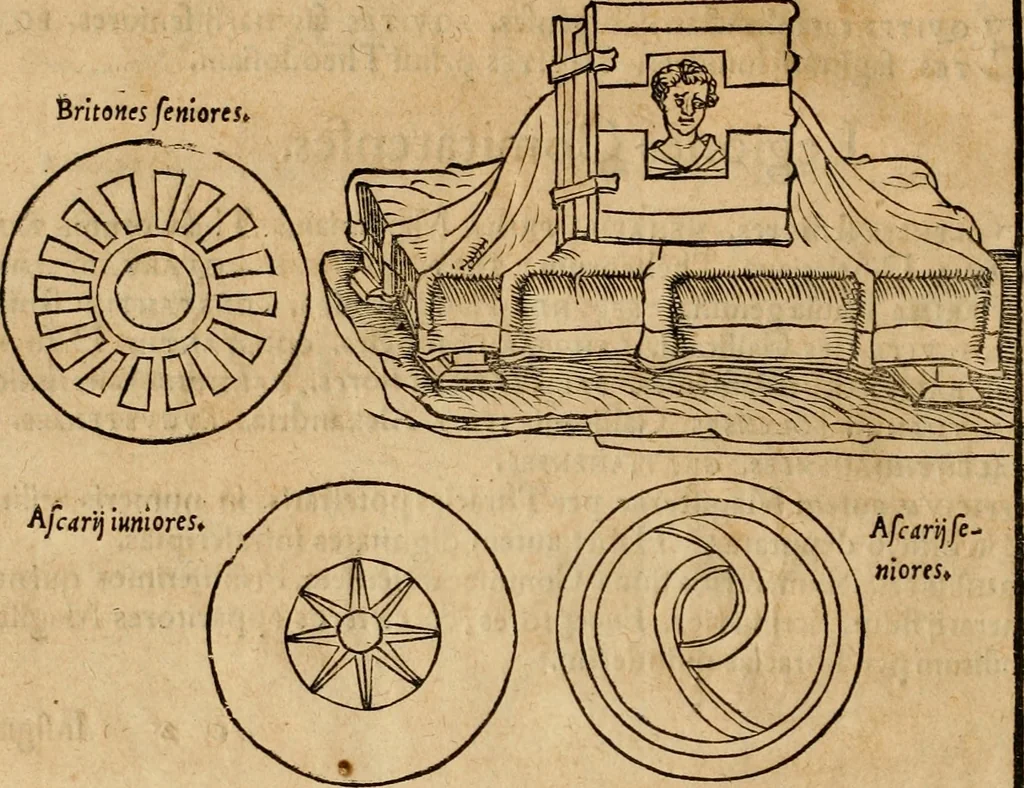 An illustration from Notitia vtraqve cvm orientis tvm occidentis vltra Arcadii Honoriiqve Cæsarvm tempora, illustre uetustatis monumentum, imò thesaurus prorsum incomparabilis : Præcedit aute D. Andreæ Alciati libellus, De magistratib. ciuilibusq; ac militaribus officijs, partim ex hac ipsa Notitia, partim aliunde desumptus : cvi succedit Descriptio urbis Romæ, quæ sub titulo Pub. Victoris circumfertur : & altera urbis Constantinopolitanæ incerto autore, nunquã antehac typis excusa, imperialium uidelicet ac primariaru sedium utriusq reipub : svbiungitur Notitiis uetustus liber De rebvs bellicis ad Theodosium Aug & filios eius Arcadium atq; Honorium, ut uidetur, scriptus incerto autore : item, ne quid de antiquo exemplari omitteretur, Disputatio Adriani Aug. & Epicteti philosophi, 1552, leaf 47