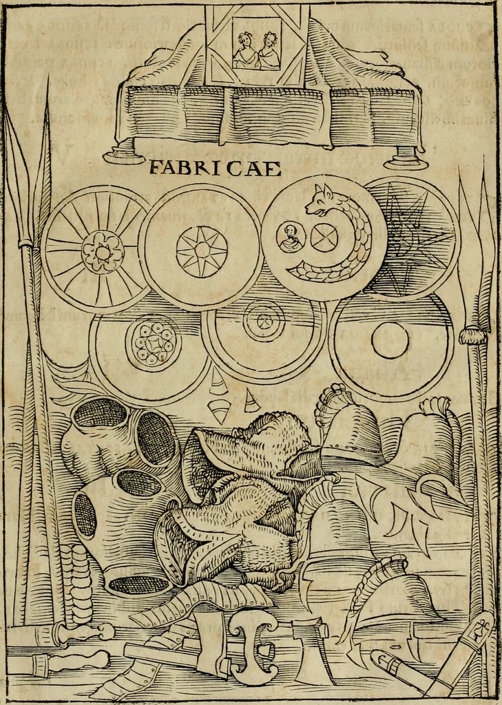 An illustration from Notitia vtraqve cvm orientis tvm occidentis vltra Arcadii Honoriiqve Cæsarvm tempora, illustre uetustatis monumentum, imò thesaurus prorsum incomparabilis : Præcedit aute D. Andreæ Alciati libellus, De magistratib. ciuilibusq; ac militaribus officijs, partim ex hac ipsa Notitia, partim aliunde desumptus : cvi succedit Descriptio urbis Romæ, quæ sub titulo Pub. Victoris circumfertur : & altera urbis Constantinopolitanæ incerto autore, nunquã antehac typis excusa, imperialium uidelicet ac primariaru sedium utriusq reipub : svbiungitur Notitiis uetustus liber De rebvs bellicis ad Theodosium Aug & filios eius Arcadium atq; Honorium, ut uidetur, scriptus incerto autore : item, ne quid de antiquo exemplari omitteretur, Disputatio Adriani Aug. & Epicteti philosophi, 1552, leaf 50