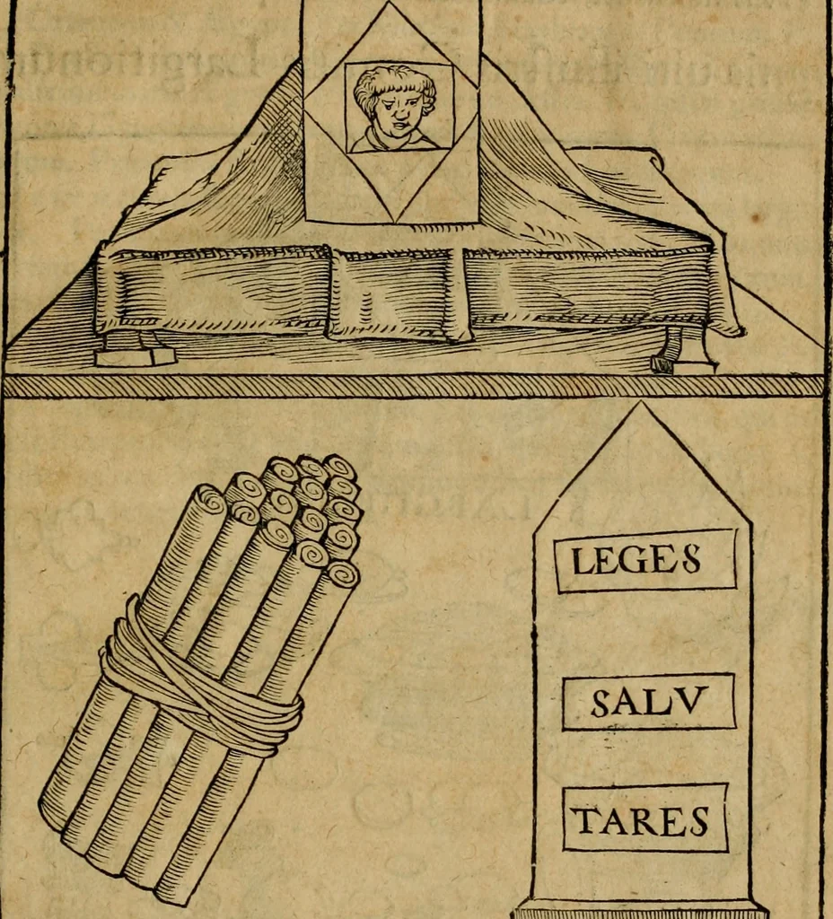 An illustration from Notitia vtraqve cvm orientis tvm occidentis vltra Arcadii Honoriiqve Cæsarvm tempora, illustre uetustatis monumentum, imò thesaurus prorsum incomparabilis : Præcedit aute D. Andreæ Alciati libellus, De magistratib. ciuilibusq; ac militaribus officijs, partim ex hac ipsa Notitia, partim aliunde desumptus : cvi succedit Descriptio urbis Romæ, quæ sub titulo Pub. Victoris circumfertur : & altera urbis Constantinopolitanæ incerto autore, nunquã antehac typis excusa, imperialium uidelicet ac primariaru sedium utriusq reipub : svbiungitur Notitiis uetustus liber De rebvs bellicis ad Theodosium Aug & filios eius Arcadium atq; Honorium, ut uidetur, scriptus incerto autore : item, ne quid de antiquo exemplari omitteretur, Disputatio Adriani Aug. & Epicteti philosophi, 1552, leaf 52