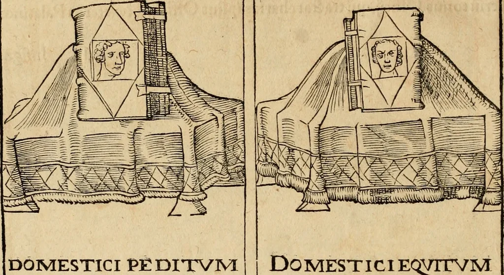 An illustration from Notitia vtraqve cvm orientis tvm occidentis vltra Arcadii Honoriiqve Cæsarvm tempora, illustre uetustatis monumentum, imò thesaurus prorsum incomparabilis : Præcedit aute D. Andreæ Alciati libellus, De magistratib. ciuilibusq; ac militaribus officijs, partim ex hac ipsa Notitia, partim aliunde desumptus : cvi succedit Descriptio urbis Romæ, quæ sub titulo Pub. Victoris circumfertur : & altera urbis Constantinopolitanæ incerto autore, nunquã antehac typis excusa, imperialium uidelicet ac primariaru sedium utriusq reipub : svbiungitur Notitiis uetustus liber De rebvs bellicis ad Theodosium Aug & filios eius Arcadium atq; Honorium, ut uidetur, scriptus incerto autore : item, ne quid de antiquo exemplari omitteretur, Disputatio Adriani Aug. & Epicteti philosophi, 1552, leaf 57