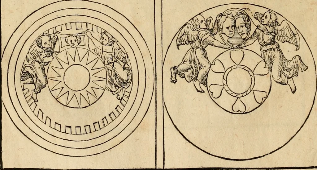 An illustration from Notitia vtraqve cvm orientis tvm occidentis vltra Arcadii Honoriiqve Cæsarvm tempora, illustre uetustatis monumentum, imò thesaurus prorsum incomparabilis : Præcedit aute D. Andreæ Alciati libellus, De magistratib. ciuilibusq; ac militaribus officijs, partim ex hac ipsa Notitia, partim aliunde desumptus : cvi succedit Descriptio urbis Romæ, quæ sub titulo Pub. Victoris circumfertur : & altera urbis Constantinopolitanæ incerto autore, nunquã antehac typis excusa, imperialium uidelicet ac primariaru sedium utriusq reipub : svbiungitur Notitiis uetustus liber De rebvs bellicis ad Theodosium Aug & filios eius Arcadium atq; Honorium, ut uidetur, scriptus incerto autore : item, ne quid de antiquo exemplari omitteretur, Disputatio Adriani Aug. & Epicteti philosophi, 1552, leaf 57