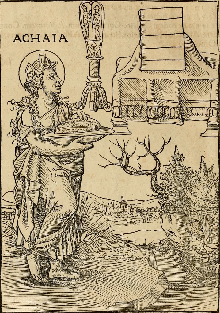 An illustration from Notitia vtraqve cvm orientis tvm occidentis vltra Arcadii Honoriiqve Cæsarvm tempora, illustre uetustatis monumentum, imò thesaurus prorsum incomparabilis : Præcedit aute D. Andreæ Alciati libellus, De magistratib. ciuilibusq; ac militaribus officijs, partim ex hac ipsa Notitia, partim aliunde desumptus : cvi succedit Descriptio urbis Romæ, quæ sub titulo Pub. Victoris circumfertur : & altera urbis Constantinopolitanæ incerto autore, nunquã antehac typis excusa, imperialium uidelicet ac primariaru sedium utriusq reipub : svbiungitur Notitiis uetustus liber De rebvs bellicis ad Theodosium Aug & filios eius Arcadium atq; Honorium, ut uidetur, scriptus incerto autore : item, ne quid de antiquo exemplari omitteretur, Disputatio Adriani Aug. & Epicteti philosophi, 1552, leaf 67