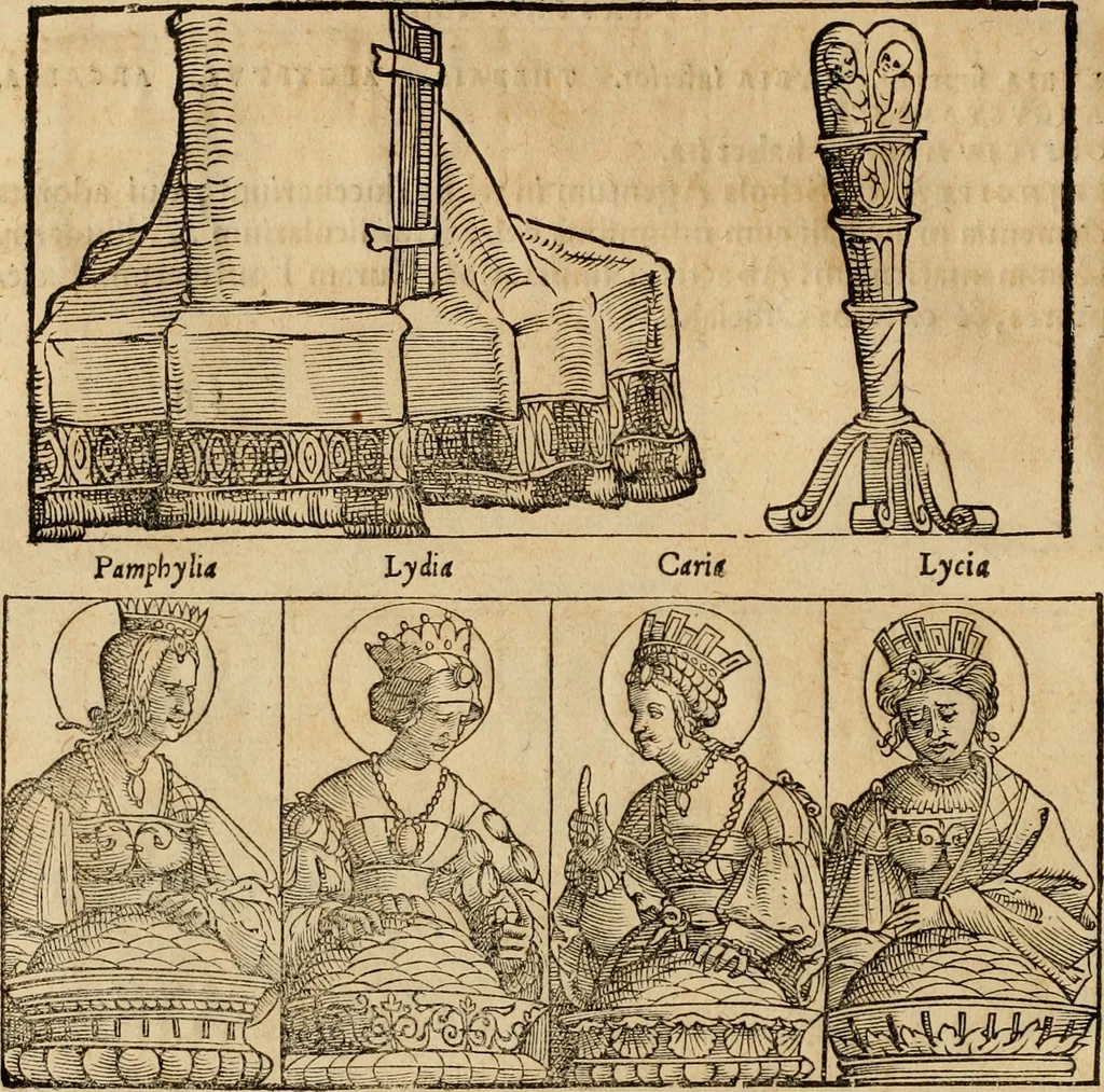 An illustration from Notitia vtraqve cvm orientis tvm occidentis vltra Arcadii Honoriiqve Cæsarvm tempora, illustre uetustatis monumentum, imò thesaurus prorsum incomparabilis : Præcedit aute D. Andreæ Alciati libellus, De magistratib. ciuilibusq; ac militaribus officijs, partim ex hac ipsa Notitia, partim aliunde desumptus : cvi succedit Descriptio urbis Romæ, quæ sub titulo Pub. Victoris circumfertur : & altera urbis Constantinopolitanæ incerto autore, nunquã antehac typis excusa, imperialium uidelicet ac primariaru sedium utriusq reipub : svbiungitur Notitiis uetustus liber De rebvs bellicis ad Theodosium Aug & filios eius Arcadium atq; Honorium, ut uidetur, scriptus incerto autore : item, ne quid de antiquo exemplari omitteretur, Disputatio Adriani Aug. & Epicteti philosophi, 1552, leaf 73