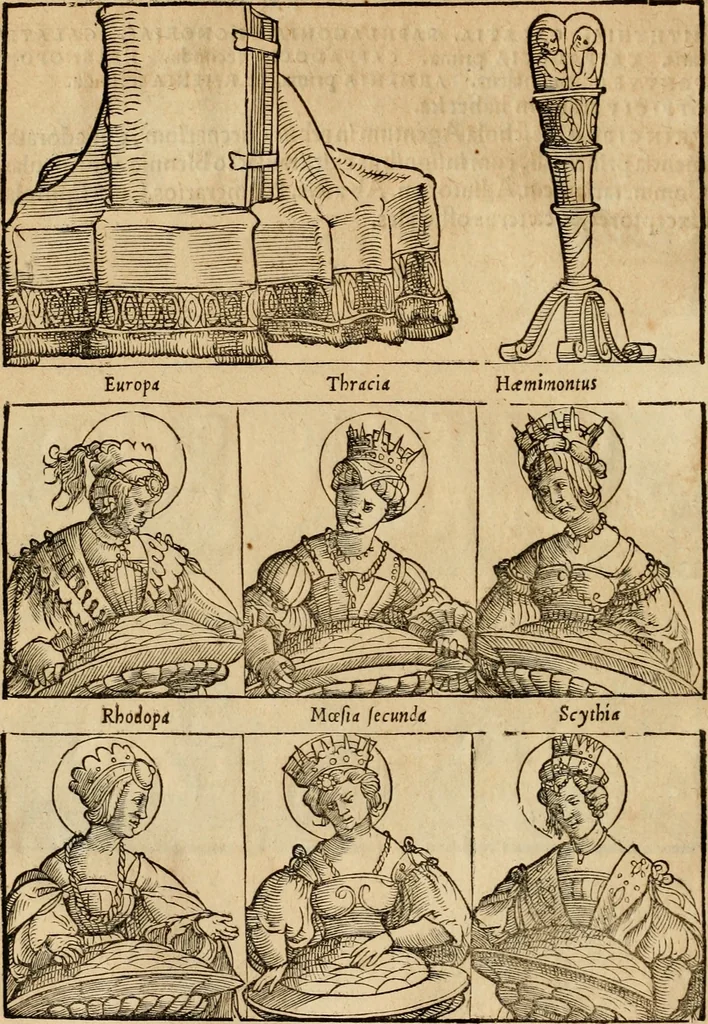 An illustration from Notitia vtraqve cvm orientis tvm occidentis vltra Arcadii Honoriiqve Cæsarvm tempora, illustre uetustatis monumentum, imò thesaurus prorsum incomparabilis : Præcedit aute D. Andreæ Alciati libellus, De magistratib. ciuilibusq; ac militaribus officijs, partim ex hac ipsa Notitia, partim aliunde desumptus : cvi succedit Descriptio urbis Romæ, quæ sub titulo Pub. Victoris circumfertur : & altera urbis Constantinopolitanæ incerto autore, nunquã antehac typis excusa, imperialium uidelicet ac primariaru sedium utriusq reipub : svbiungitur Notitiis uetustus liber De rebvs bellicis ad Theodosium Aug & filios eius Arcadium atq; Honorium, ut uidetur, scriptus incerto autore : item, ne quid de antiquo exemplari omitteretur, Disputatio Adriani Aug. & Epicteti philosophi, 1552, leaf 77