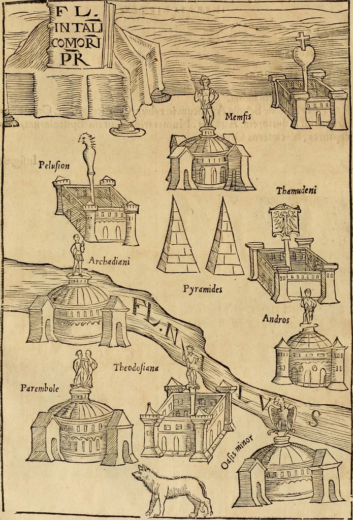 An illustration from Notitia vtraqve cvm orientis tvm occidentis vltra Arcadii Honoriiqve Cæsarvm tempora, illustre uetustatis monumentum, imò thesaurus prorsum incomparabilis : Præcedit aute D. Andreæ Alciati libellus, De magistratib. ciuilibusq; ac militaribus officijs, partim ex hac ipsa Notitia, partim aliunde desumptus : cvi succedit Descriptio urbis Romæ, quæ sub titulo Pub. Victoris circumfertur : & altera urbis Constantinopolitanæ incerto autore, nunquã antehac typis excusa, imperialium uidelicet ac primariaru sedium utriusq reipub : svbiungitur Notitiis uetustus liber De rebvs bellicis ad Theodosium Aug & filios eius Arcadium atq; Honorium, ut uidetur, scriptus incerto autore : item, ne quid de antiquo exemplari omitteretur, Disputatio Adriani Aug. & Epicteti philosophi, 1552, leaf 79