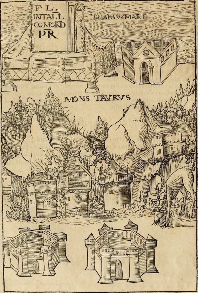 An illustration from Notitia vtraqve cvm orientis tvm occidentis vltra Arcadii Honoriiqve Cæsarvm tempora, illustre uetustatis monumentum, imò thesaurus prorsum incomparabilis : Præcedit aute D. Andreæ Alciati libellus, De magistratib. ciuilibusq; ac militaribus officijs, partim ex hac ipsa Notitia, partim aliunde desumptus : cvi succedit Descriptio urbis Romæ, quæ sub titulo Pub. Victoris circumfertur : & altera urbis Constantinopolitanæ incerto autore, nunquã antehac typis excusa, imperialium uidelicet ac primariaru sedium utriusq reipub : svbiungitur Notitiis uetustus liber De rebvs bellicis ad Theodosium Aug & filios eius Arcadium atq; Honorium, ut uidetur, scriptus incerto autore : item, ne quid de antiquo exemplari omitteretur, Disputatio Adriani Aug. & Epicteti philosophi, 1552, leaf 81