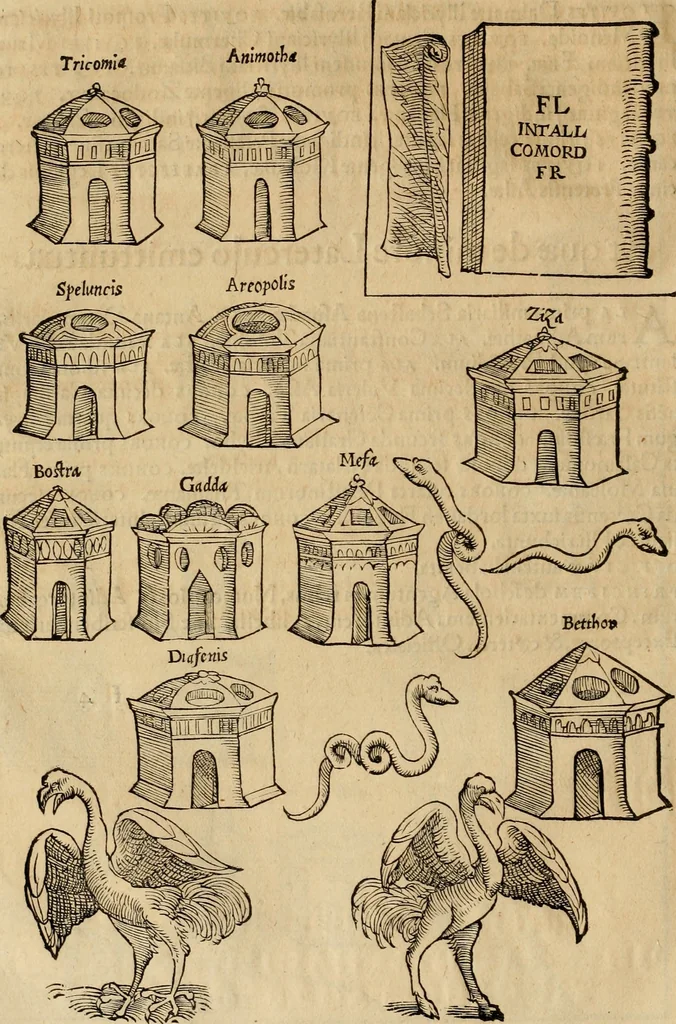 An illustration from Notitia vtraqve cvm orientis tvm occidentis vltra Arcadii Honoriiqve Cæsarvm tempora, illustre uetustatis monumentum, imò thesaurus prorsum incomparabilis : Præcedit aute D. Andreæ Alciati libellus, De magistratib. ciuilibusq; ac militaribus officijs, partim ex hac ipsa Notitia, partim aliunde desumptus : cvi succedit Descriptio urbis Romæ, quæ sub titulo Pub. Victoris circumfertur : & altera urbis Constantinopolitanæ incerto autore, nunquã antehac typis excusa, imperialium uidelicet ac primariaru sedium utriusq reipub : svbiungitur Notitiis uetustus liber De rebvs bellicis ad Theodosium Aug & filios eius Arcadium atq; Honorium, ut uidetur, scriptus incerto autore : item, ne quid de antiquo exemplari omitteretur, Disputatio Adriani Aug. & Epicteti philosophi, 1552, leaf 87