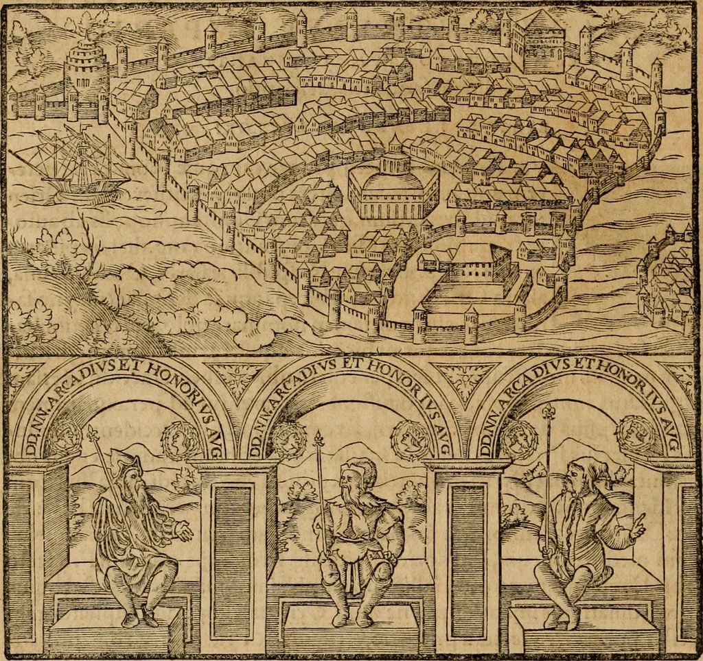 An illustration from Notitia vtraqve cvm orientis tvm occidentis vltra Arcadii Honoriiqve Cæsarvm tempora, illustre uetustatis monumentum, imò thesaurus prorsum incomparabilis : Præcedit aute D. Andreæ Alciati libellus, De magistratib. ciuilibusq; ac militaribus officijs, partim ex hac ipsa Notitia, partim aliunde desumptus : cvi succedit Descriptio urbis Romæ, quæ sub titulo Pub. Victoris circumfertur : & altera urbis Constantinopolitanæ incerto autore, nunquã antehac typis excusa, imperialium uidelicet ac primariaru sedium utriusq reipub : svbiungitur Notitiis uetustus liber De rebvs bellicis ad Theodosium Aug & filios eius Arcadium atq; Honorium, ut uidetur, scriptus incerto autore : item, ne quid de antiquo exemplari omitteretur, Disputatio Adriani Aug. & Epicteti philosophi, 1552, leaf 9