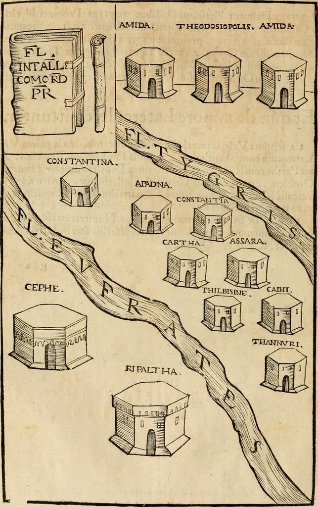 An illustration from Notitia vtraqve cvm orientis tvm occidentis vltra Arcadii Honoriiqve Cæsarvm tempora, illustre uetustatis monumentum, imò thesaurus prorsum incomparabilis : Præcedit aute D. Andreæ Alciati libellus, De magistratib. ciuilibusq; ac militaribus officijs, partim ex hac ipsa Notitia, partim aliunde desumptus : cvi succedit Descriptio urbis Romæ, quæ sub titulo Pub. Victoris circumfertur : & altera urbis Constantinopolitanæ incerto autore, nunquã antehac typis excusa, imperialium uidelicet ac primariaru sedium utriusq reipub : svbiungitur Notitiis uetustus liber De rebvs bellicis ad Theodosium Aug & filios eius Arcadium atq; Honorium, ut uidetur, scriptus incerto autore : item, ne quid de antiquo exemplari omitteretur, Disputatio Adriani Aug. & Epicteti philosophi, 1552, leaf 95