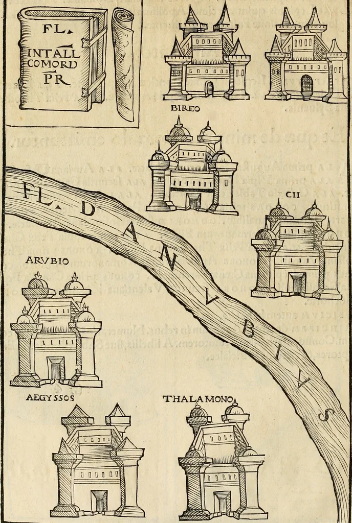 An illustration from Notitia vtraqve cvm orientis tvm occidentis vltra Arcadii Honoriiqve Cæsarvm tempora, illustre uetustatis monumentum, imò thesaurus prorsum incomparabilis : Præcedit aute D. Andreæ Alciati libellus, De magistratib. ciuilibusq; ac militaribus officijs, partim ex hac ipsa Notitia, partim aliunde desumptus : cvi succedit Descriptio urbis Romæ, quæ sub titulo Pub. Victoris circumfertur : & altera urbis Constantinopolitanæ incerto autore, nunquã antehac typis excusa, imperialium uidelicet ac primariaru sedium utriusq reipub : svbiungitur Notitiis uetustus liber De rebvs bellicis ad Theodosium Aug & filios eius Arcadium atq; Honorium, ut uidetur, scriptus incerto autore : item, ne quid de antiquo exemplari omitteretur, Disputatio Adriani Aug. & Epicteti philosophi, 1552, leaf 99
