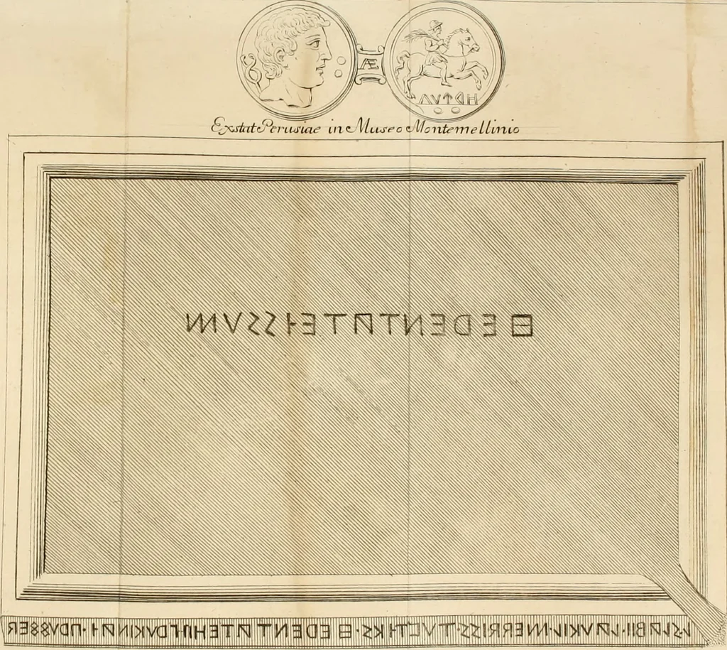 An illustration from Notizie del memorabile scoprimento dell'antica città Ercolano, vicina a Napoli : del suo famoso teatro, templi, edifizj, statue, pitture, marmi scritti e di altri insigni monvmenti, avute per lettera da varj celebri letterati ... : aggiunta la statua equestre di marmo ... : ed una dissertazione sopra la mensa sacra degli ercolanesi scritta con lettere etrusche, 1748, leaf 122