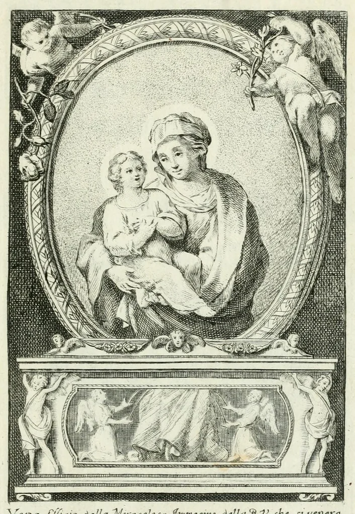An illustration from Notizie istoriche intorno alla miracolosa immagine ed insigne tempio della B.V. Maria presso S. Celso, 1765, leaf 7