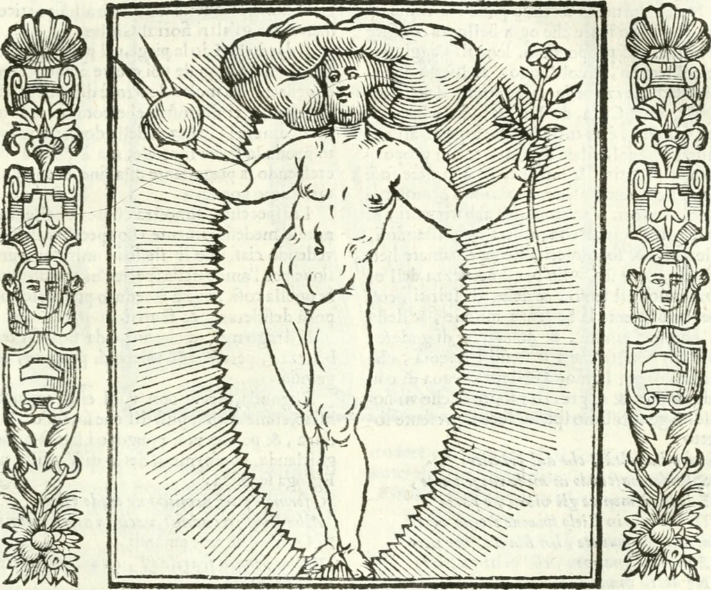An illustration from Noua iconologia di Cesare Ripa perugino, caualier de SS. Mauritio & Lazzaro. Nella quale si descriuono diuerse imagini di virtù, vitij, affetti, passioni humane, arti, discipline, humori, elementi, corpi celesti, prouincie d'Italia, fiumi, tutte le parti del mondo, ed'altre infinite materie. Opera vtile ad oratori, predicatori, poeti, pittori, scultori, disegnatori, e ad'ogni studioso. Per inuentar concetti, emblemi, ed imprese, per diuisare qualsiuoglia apparato nuttiale, funerale, trionfale. Per rappresentar poemi drammatici, e per figurare co'suoi propij simboli ciò, che puo cadere in pensiero humano. Ampliata vltimamente dallo stesso auttore di trecento imagini, e arricchita di molti discorsi pieni di varia eruditione; con nuoui intagli, & con molti indici copiosi, 1618, leaf 102