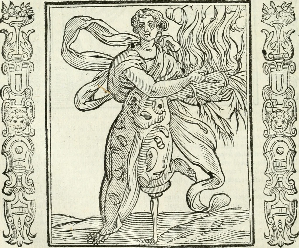 An illustration from Noua iconologia di Cesare Ripa perugino, caualier de SS. Mauritio & Lazzaro. Nella quale si descriuono diuerse imagini di virtù, vitij, affetti, passioni humane, arti, discipline, humori, elementi, corpi celesti, prouincie d'Italia, fiumi, tutte le parti del mondo, ed'altre infinite materie. Opera vtile ad oratori, predicatori, poeti, pittori, scultori, disegnatori, e ad'ogni studioso. Per inuentar concetti, emblemi, ed imprese, per diuisare qualsiuoglia apparato nuttiale, funerale, trionfale. Per rappresentar poemi drammatici, e per figurare co'suoi propij simboli ciò, che puo cadere in pensiero humano. Ampliata vltimamente dallo stesso auttore di trecento imagini, e arricchita di molti discorsi pieni di varia eruditione; con nuoui intagli, & con molti indici copiosi, 1618, leaf 113
