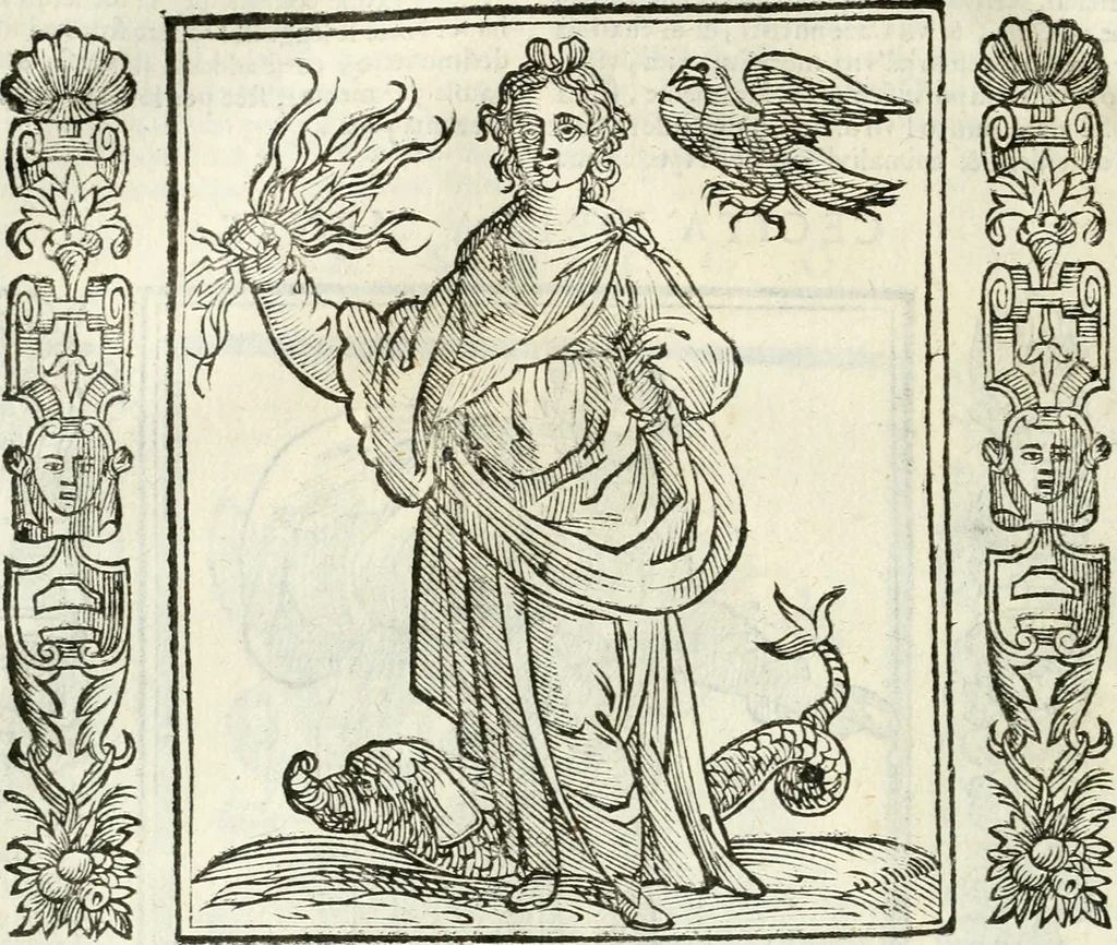 An illustration from Noua iconologia di Cesare Ripa perugino, caualier de SS. Mauritio & Lazzaro. Nella quale si descriuono diuerse imagini di virtù, vitij, affetti, passioni humane, arti, discipline, humori, elementi, corpi celesti, prouincie d'Italia, fiumi, tutte le parti del mondo, ed'altre infinite materie. Opera vtile ad oratori, predicatori, poeti, pittori, scultori, disegnatori, e ad'ogni studioso. Per inuentar concetti, emblemi, ed imprese, per diuisare qualsiuoglia apparato nuttiale, funerale, trionfale. Per rappresentar poemi drammatici, e per figurare co'suoi propij simboli ciò, che puo cadere in pensiero humano. Ampliata vltimamente dallo stesso auttore di trecento imagini, e arricchita di molti discorsi pieni di varia eruditione; con nuoui intagli, & con molti indici copiosi, 1618, leaf 131