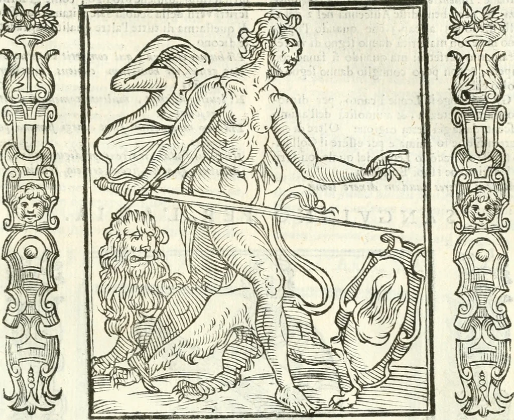 An illustration from Noua iconologia di Cesare Ripa perugino, caualier de SS. Mauritio & Lazzaro. Nella quale si descriuono diuerse imagini di virtù, vitij, affetti, passioni humane, arti, discipline, humori, elementi, corpi celesti, prouincie d'Italia, fiumi, tutte le parti del mondo, ed'altre infinite materie. Opera vtile ad oratori, predicatori, poeti, pittori, scultori, disegnatori, e ad'ogni studioso. Per inuentar concetti, emblemi, ed imprese, per diuisare qualsiuoglia apparato nuttiale, funerale, trionfale. Per rappresentar poemi drammatici, e per figurare co'suoi propij simboli ciò, che puo cadere in pensiero humano. Ampliata vltimamente dallo stesso auttore di trecento imagini, e arricchita di molti discorsi pieni di varia eruditione; con nuoui intagli, & con molti indici copiosi, 1618, leaf 140