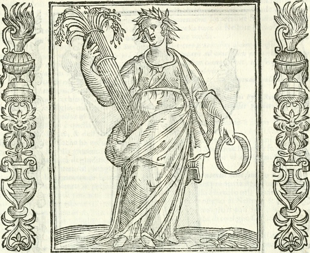 An illustration from Noua iconologia di Cesare Ripa perugino, caualier de SS. Mauritio & Lazzaro. Nella quale si descriuono diuerse imagini di virtù, vitij, affetti, passioni humane, arti, discipline, humori, elementi, corpi celesti, prouincie d'Italia, fiumi, tutte le parti del mondo, ed'altre infinite materie. Opera vtile ad oratori, predicatori, poeti, pittori, scultori, disegnatori, e ad'ogni studioso. Per inuentar concetti, emblemi, ed imprese, per diuisare qualsiuoglia apparato nuttiale, funerale, trionfale. Per rappresentar poemi drammatici, e per figurare co'suoi propij simboli ciò, che puo cadere in pensiero humano. Ampliata vltimamente dallo stesso auttore di trecento imagini, e arricchita di molti discorsi pieni di varia eruditione; con nuoui intagli, & con molti indici copiosi, 1618, leaf 150