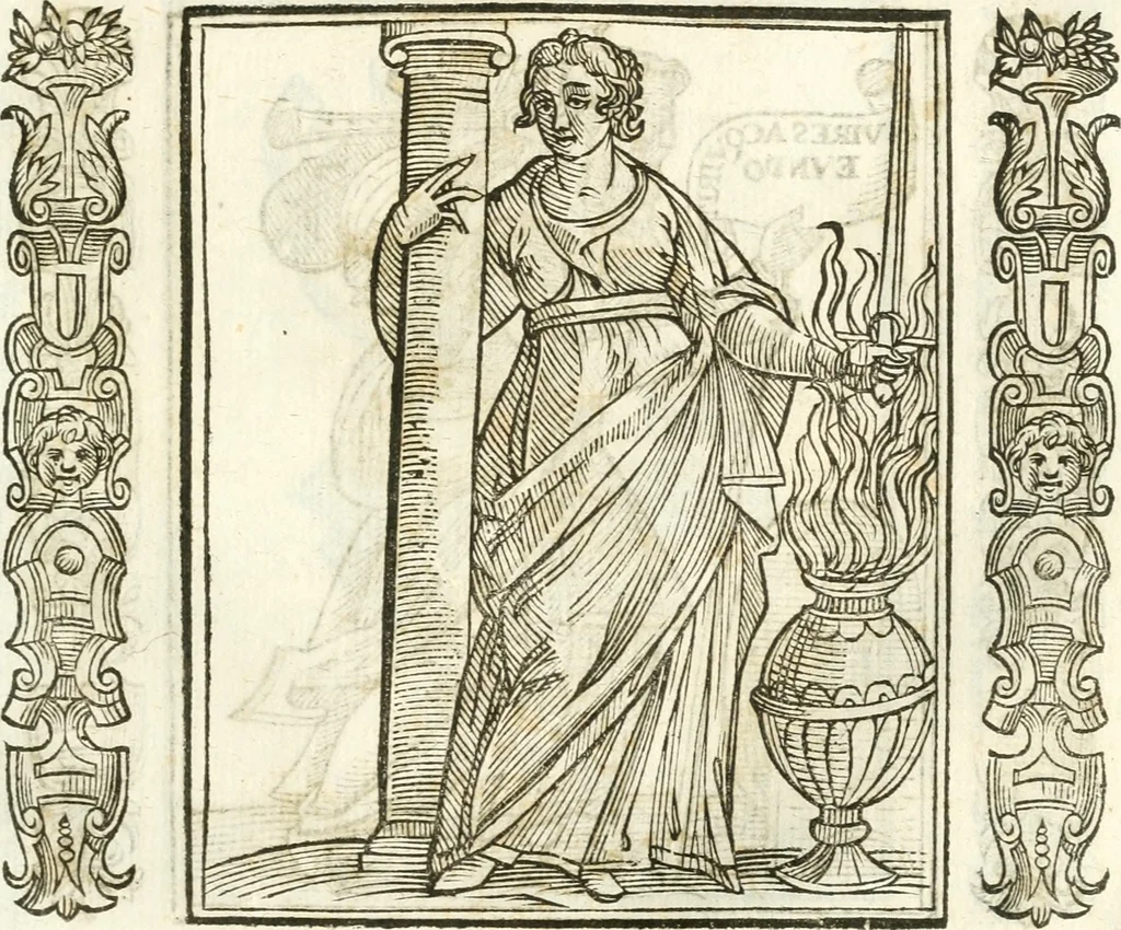 An illustration from Noua iconologia di Cesare Ripa perugino, caualier de SS. Mauritio & Lazzaro. Nella quale si descriuono diuerse imagini di virtù, vitij, affetti, passioni humane, arti, discipline, humori, elementi, corpi celesti, prouincie d'Italia, fiumi, tutte le parti del mondo, ed'altre infinite materie. Opera vtile ad oratori, predicatori, poeti, pittori, scultori, disegnatori, e ad'ogni studioso. Per inuentar concetti, emblemi, ed imprese, per diuisare qualsiuoglia apparato nuttiale, funerale, trionfale. Per rappresentar poemi drammatici, e per figurare co'suoi propij simboli ciò, che puo cadere in pensiero humano. Ampliata vltimamente dallo stesso auttore di trecento imagini, e arricchita di molti discorsi pieni di varia eruditione; con nuoui intagli, & con molti indici copiosi, 1618, leaf 156