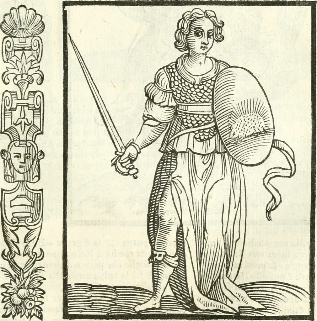 An illustration from Noua iconologia di Cesare Ripa perugino, caualier de SS. Mauritio & Lazzaro. Nella quale si descriuono diuerse imagini di virtù, vitij, affetti, passioni humane, arti, discipline, humori, elementi, corpi celesti, prouincie d'Italia, fiumi, tutte le parti del mondo, ed'altre infinite materie. Opera vtile ad oratori, predicatori, poeti, pittori, scultori, disegnatori, e ad'ogni studioso. Per inuentar concetti, emblemi, ed imprese, per diuisare qualsiuoglia apparato nuttiale, funerale, trionfale. Per rappresentar poemi drammatici, e per figurare co'suoi propij simboli ciò, che puo cadere in pensiero humano. Ampliata vltimamente dallo stesso auttore di trecento imagini, e arricchita di molti discorsi pieni di varia eruditione; con nuoui intagli, & con molti indici copiosi, 1618, leaf 188