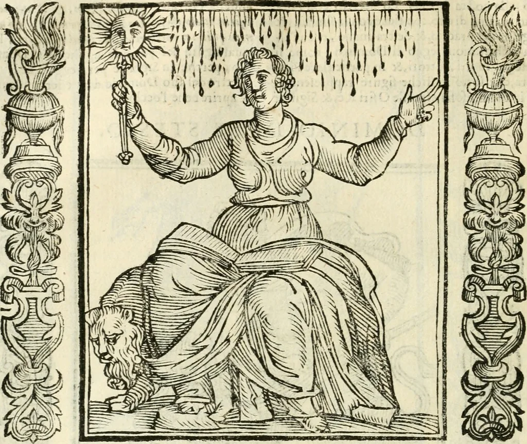 An illustration from Noua iconologia di Cesare Ripa perugino, caualier de SS. Mauritio & Lazzaro. Nella quale si descriuono diuerse imagini di virtù, vitij, affetti, passioni humane, arti, discipline, humori, elementi, corpi celesti, prouincie d'Italia, fiumi, tutte le parti del mondo, ed'altre infinite materie. Opera vtile ad oratori, predicatori, poeti, pittori, scultori, disegnatori, e ad'ogni studioso. Per inuentar concetti, emblemi, ed imprese, per diuisare qualsiuoglia apparato nuttiale, funerale, trionfale. Per rappresentar poemi drammatici, e per figurare co'suoi propij simboli ciò, che puo cadere in pensiero humano. Ampliata vltimamente dallo stesso auttore di trecento imagini, e arricchita di molti discorsi pieni di varia eruditione; con nuoui intagli, & con molti indici copiosi, 1618, leaf 203