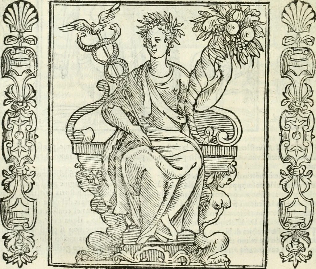 An illustration from Noua iconologia di Cesare Ripa perugino, caualier de SS. Mauritio & Lazzaro. Nella quale si descriuono diuerse imagini di virtù, vitij, affetti, passioni humane, arti, discipline, humori, elementi, corpi celesti, prouincie d'Italia, fiumi, tutte le parti del mondo, ed'altre infinite materie. Opera vtile ad oratori, predicatori, poeti, pittori, scultori, disegnatori, e ad'ogni studioso. Per inuentar concetti, emblemi, ed imprese, per diuisare qualsiuoglia apparato nuttiale, funerale, trionfale. Per rappresentar poemi drammatici, e per figurare co'suoi propij simboli ciò, che puo cadere in pensiero humano. Ampliata vltimamente dallo stesso auttore di trecento imagini, e arricchita di molti discorsi pieni di varia eruditione; con nuoui intagli, & con molti indici copiosi, 1618, leaf 233