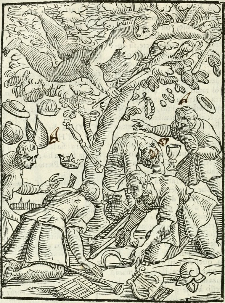 An illustration from Noua iconologia di Cesare Ripa perugino, caualier de SS. Mauritio & Lazzaro. Nella quale si descriuono diuerse imagini di virtù, vitij, affetti, passioni humane, arti, discipline, humori, elementi, corpi celesti, prouincie d'Italia, fiumi, tutte le parti del mondo, ed'altre infinite materie. Opera vtile ad oratori, predicatori, poeti, pittori, scultori, disegnatori, e ad'ogni studioso. Per inuentar concetti, emblemi, ed imprese, per diuisare qualsiuoglia apparato nuttiale, funerale, trionfale. Per rappresentar poemi drammatici, e per figurare co'suoi propij simboli ciò, che puo cadere in pensiero humano. Ampliata vltimamente dallo stesso auttore di trecento imagini, e arricchita di molti discorsi pieni di varia eruditione; con nuoui intagli, & con molti indici copiosi, 1618, leaf 255