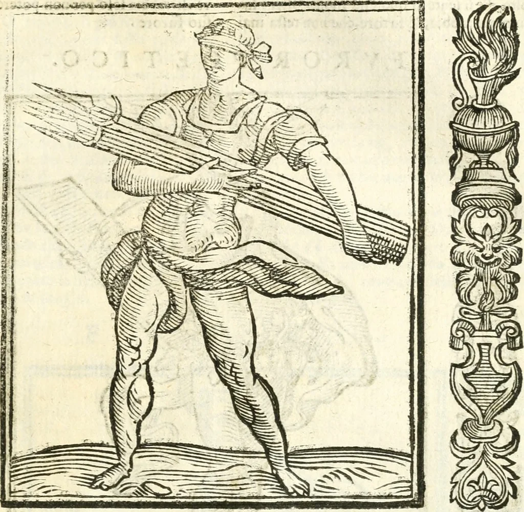 An illustration from Noua iconologia di Cesare Ripa perugino, caualier de SS. Mauritio & Lazzaro. Nella quale si descriuono diuerse imagini di virtù, vitij, affetti, passioni humane, arti, discipline, humori, elementi, corpi celesti, prouincie d'Italia, fiumi, tutte le parti del mondo, ed'altre infinite materie. Opera vtile ad oratori, predicatori, poeti, pittori, scultori, disegnatori, e ad'ogni studioso. Per inuentar concetti, emblemi, ed imprese, per diuisare qualsiuoglia apparato nuttiale, funerale, trionfale. Per rappresentar poemi drammatici, e per figurare co'suoi propij simboli ciò, che puo cadere in pensiero humano. Ampliata vltimamente dallo stesso auttore di trecento imagini, e arricchita di molti discorsi pieni di varia eruditione; con nuoui intagli, & con molti indici copiosi, 1618, leaf 262