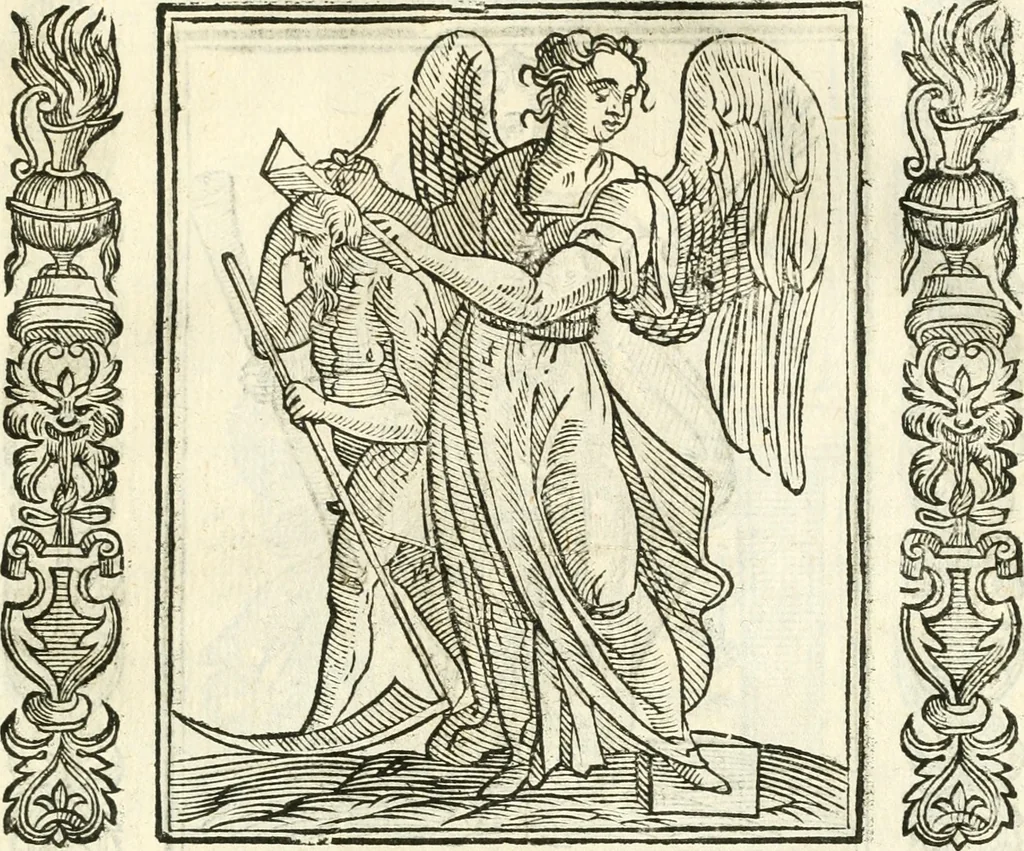 An illustration from Noua iconologia di Cesare Ripa perugino, caualier de SS. Mauritio & Lazzaro. Nella quale si descriuono diuerse imagini di virtù, vitij, affetti, passioni humane, arti, discipline, humori, elementi, corpi celesti, prouincie d'Italia, fiumi, tutte le parti del mondo, ed'altre infinite materie. Opera vtile ad oratori, predicatori, poeti, pittori, scultori, disegnatori, e ad'ogni studioso. Per inuentar concetti, emblemi, ed imprese, per diuisare qualsiuoglia apparato nuttiale, funerale, trionfale. Per rappresentar poemi drammatici, e per figurare co'suoi propij simboli ciò, che puo cadere in pensiero humano. Ampliata vltimamente dallo stesso auttore di trecento imagini, e arricchita di molti discorsi pieni di varia eruditione; con nuoui intagli, & con molti indici copiosi, 1618, leaf 296