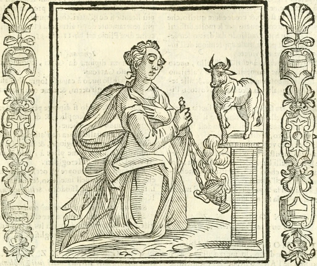 An illustration from Noua iconologia di Cesare Ripa perugino, caualier de SS. Mauritio & Lazzaro. Nella quale si descriuono diuerse imagini di virtù, vitij, affetti, passioni humane, arti, discipline, humori, elementi, corpi celesti, prouincie d'Italia, fiumi, tutte le parti del mondo, ed'altre infinite materie. Opera vtile ad oratori, predicatori, poeti, pittori, scultori, disegnatori, e ad'ogni studioso. Per inuentar concetti, emblemi, ed imprese, per diuisare qualsiuoglia apparato nuttiale, funerale, trionfale. Per rappresentar poemi drammatici, e per figurare co'suoi propij simboli ciò, che puo cadere in pensiero humano. Ampliata vltimamente dallo stesso auttore di trecento imagini, e arricchita di molti discorsi pieni di varia eruditione; con nuoui intagli, & con molti indici copiosi, 1618, leaf 298