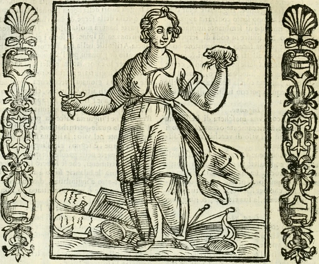 An illustration from Noua iconologia di Cesare Ripa perugino, caualier de SS. Mauritio & Lazzaro. Nella quale si descriuono diuerse imagini di virtù, vitij, affetti, passioni humane, arti, discipline, humori, elementi, corpi celesti, prouincie d'Italia, fiumi, tutte le parti del mondo, ed'altre infinite materie. Opera vtile ad oratori, predicatori, poeti, pittori, scultori, disegnatori, e ad'ogni studioso. Per inuentar concetti, emblemi, ed imprese, per diuisare qualsiuoglia apparato nuttiale, funerale, trionfale. Per rappresentar poemi drammatici, e per figurare co'suoi propij simboli ciò, che puo cadere in pensiero humano. Ampliata vltimamente dallo stesso auttore di trecento imagini, e arricchita di molti discorsi pieni di varia eruditione; con nuoui intagli, & con molti indici copiosi, 1618, leaf 309